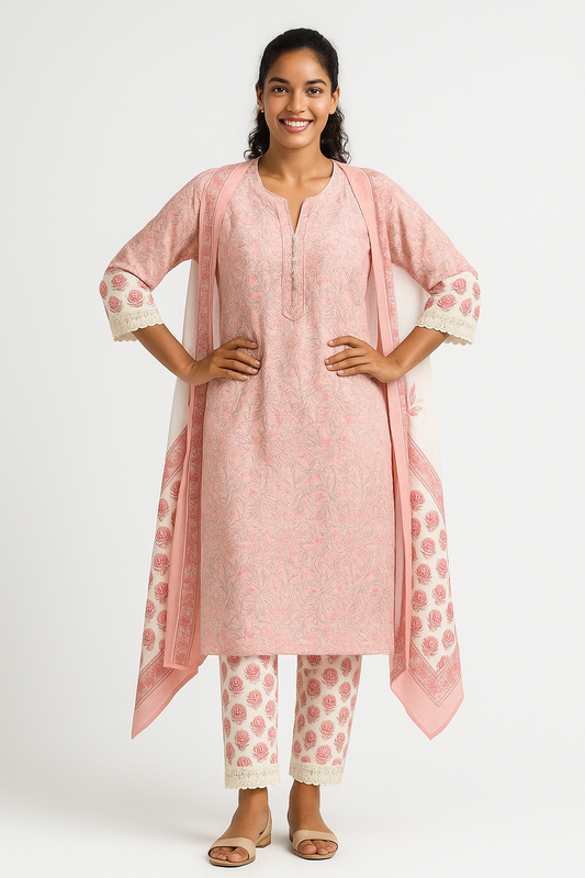 🌸 Blush Petal Handblock Cotton Kurta Set with Dupatta 🌸