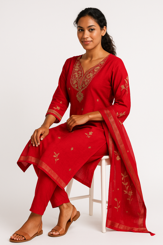 Crimson Red Elegance Crushed Fabric Kurta Set with Golden Zari Embroidery