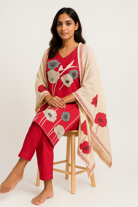 Crimson Bloom Pink Cotton Kurta Set