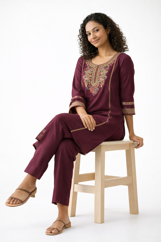 Gulnaar Maroon Silk Embroidered Kurtha Set with Dupatta