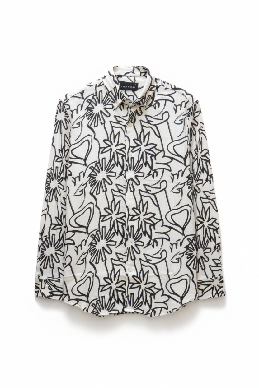 Black & White Abstract Floral Print Long-Sleeve Shirt