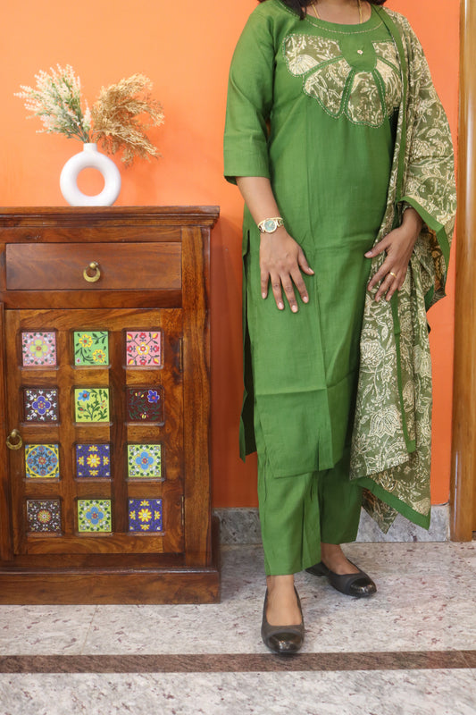 Bottle Green Rayon Embroidered Straight Kurta Set with Golden Floral Printed Dupatta
