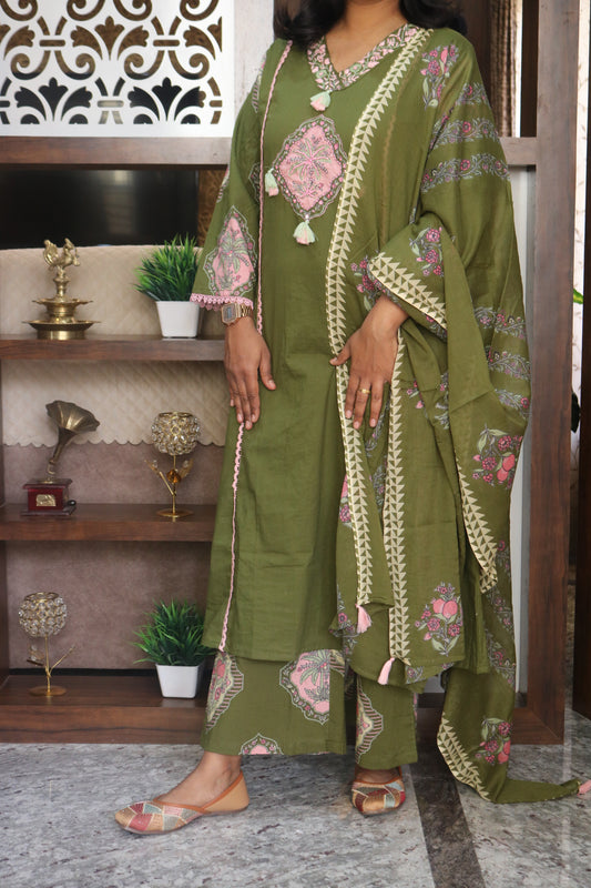 Olive Green Embroidered Pure Cotton Kurta Pant Dupatta Set