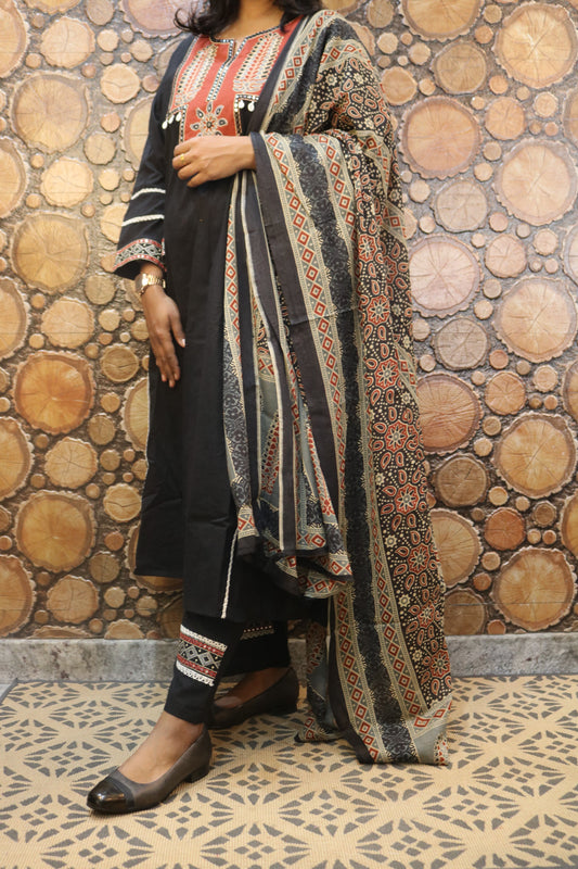 Black Embroidered Pure Cotton Kurta Palazzo Dupatta Set