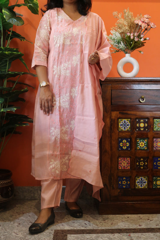 Light Pink Jaal Work Chanderi Cotton Kurtha Set