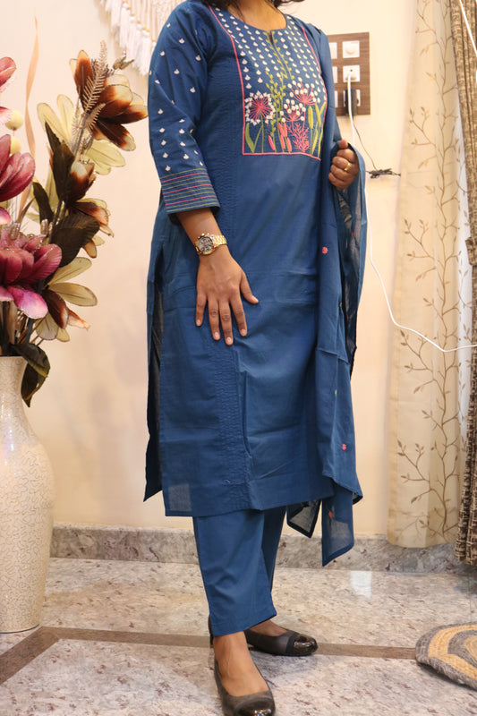 Indigo Floral Jaipur Cotton Kurtha Set