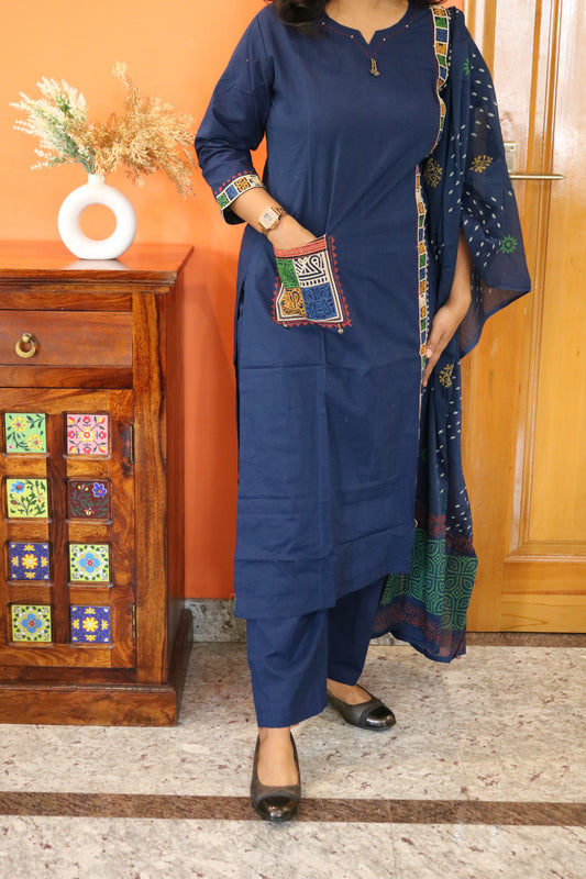 Navy Blue Embroidered Cotton Kurta Set with Multicolor Patch
