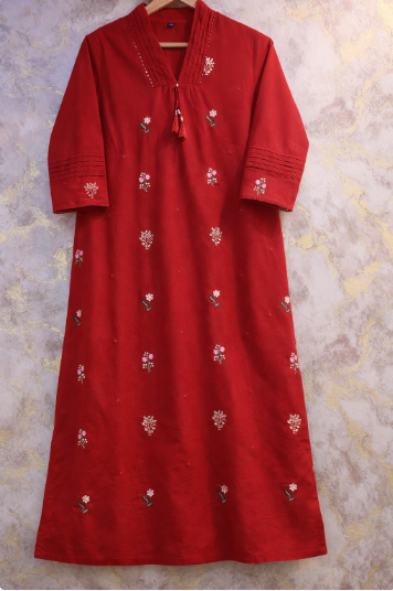 Scarlet Blossom Jaipur Cotton Red Kurtha Set