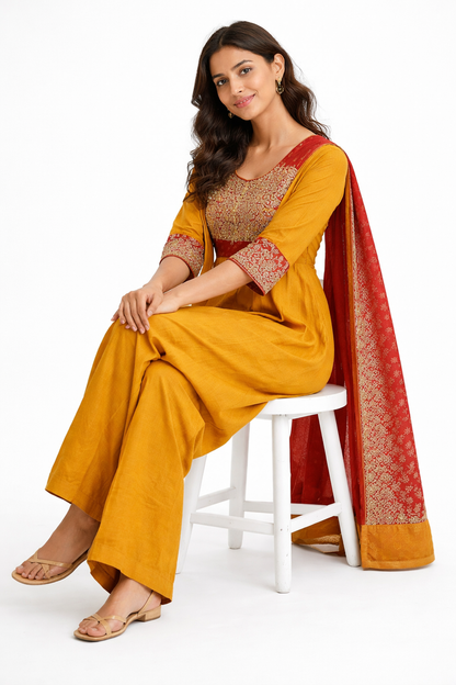 Jaipur Cotton Mustard Yellow Anarkali Kurta Set