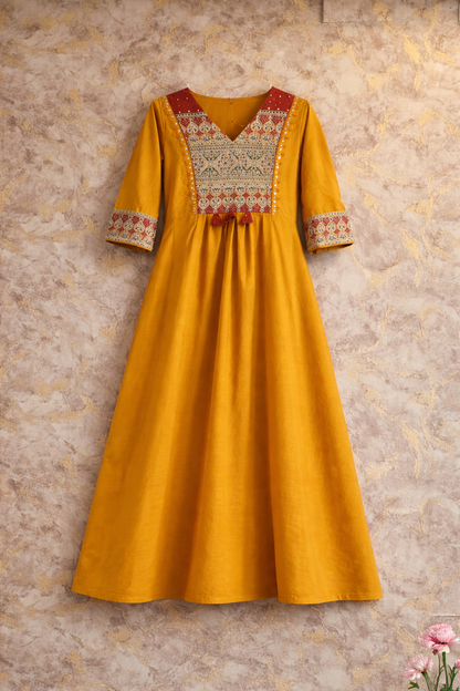 Jaipur Cotton Mustard Yellow Anarkali Kurta Set