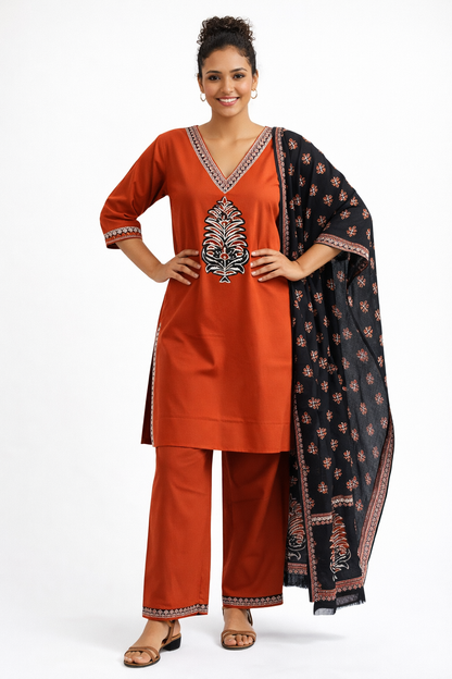 Rust Orange Embroidered Kurta Set