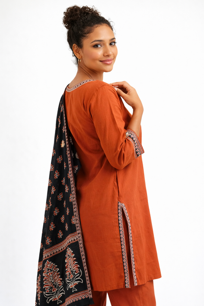 Rust Orange Embroidered Kurta Set
