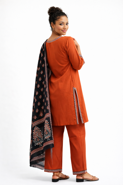 Rust Orange Embroidered Kurta Set