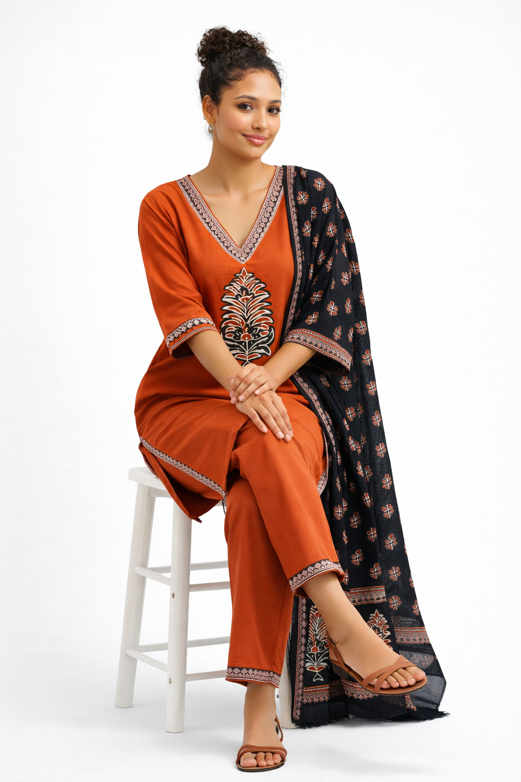 Rust Orange Embroidered Kurta Set
