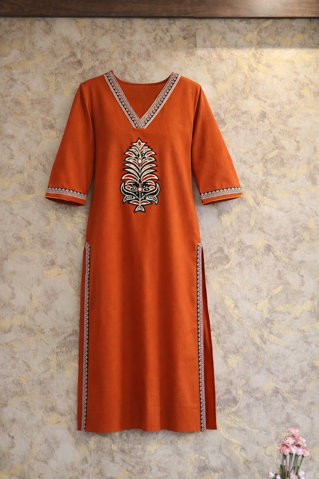 Rust Orange Embroidered Kurta Set