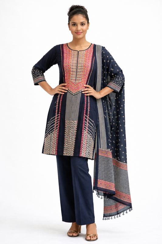 Navy Blue Embroidered Jaipur Cotton Kurta Set