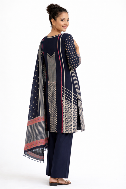 Navy Blue Embroidered Jaipur Cotton Kurta Set