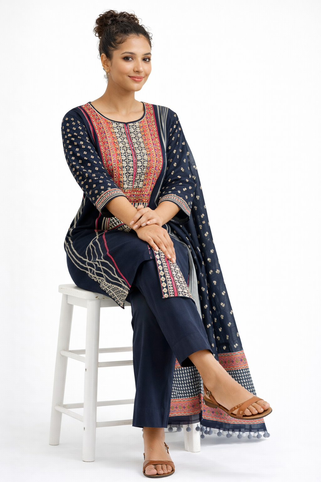 Navy Blue Embroidered Jaipur Cotton Kurta Set