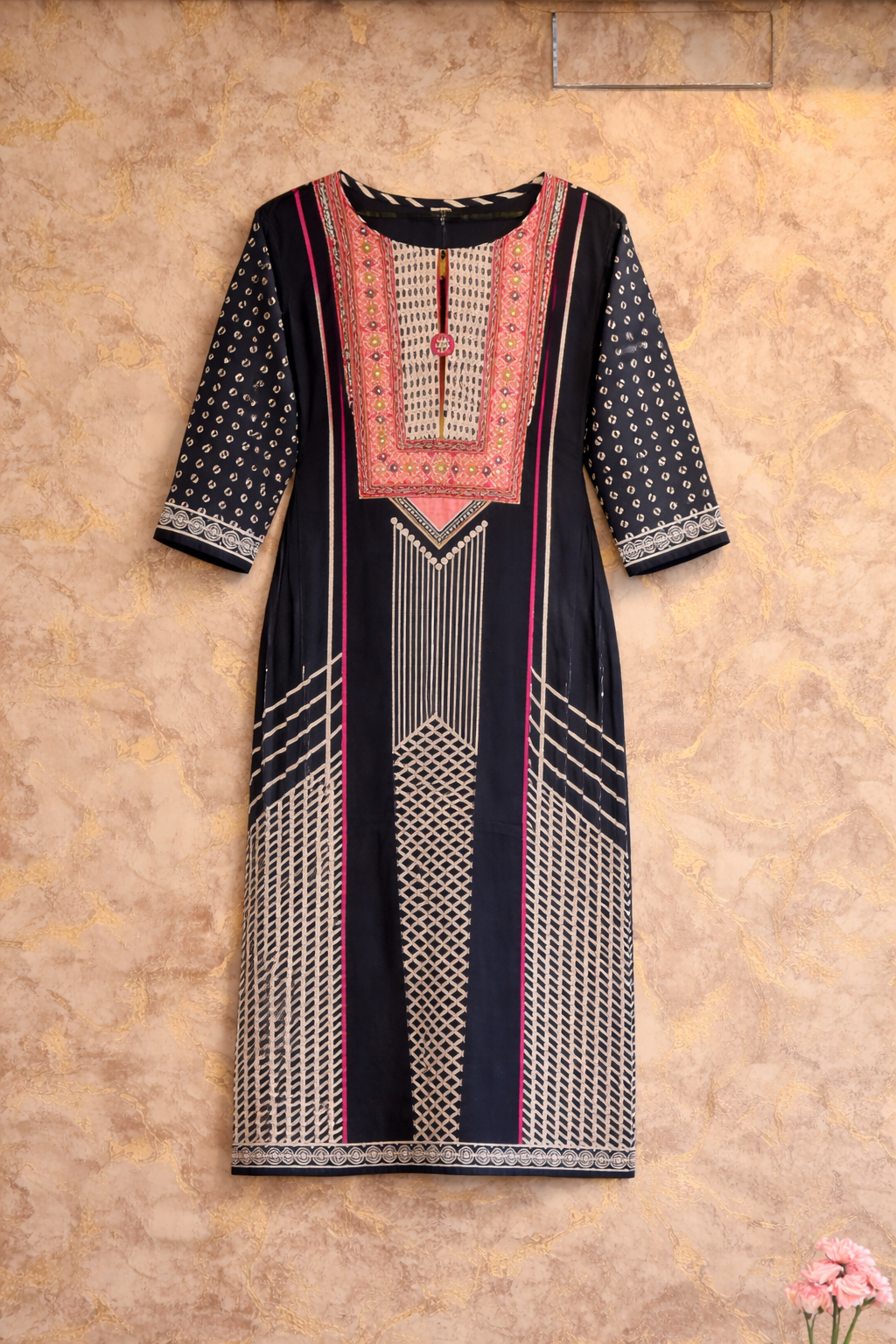 Navy Blue Embroidered Jaipur Cotton Kurta Set