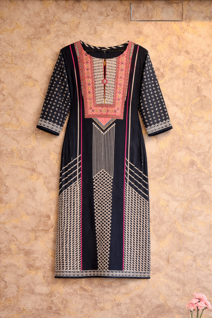 Navy Blue Embroidered Jaipur Cotton Kurta Set