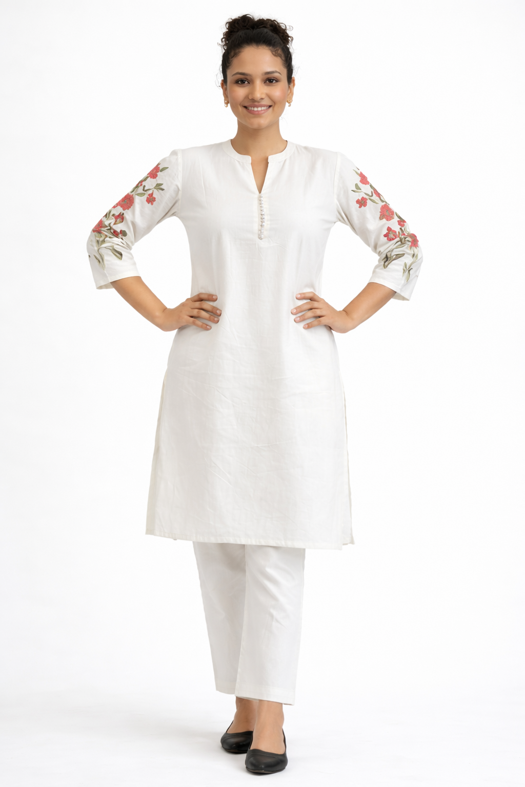 Off-White Khadi Cotton Floral Embroidered Kurta Pant Set