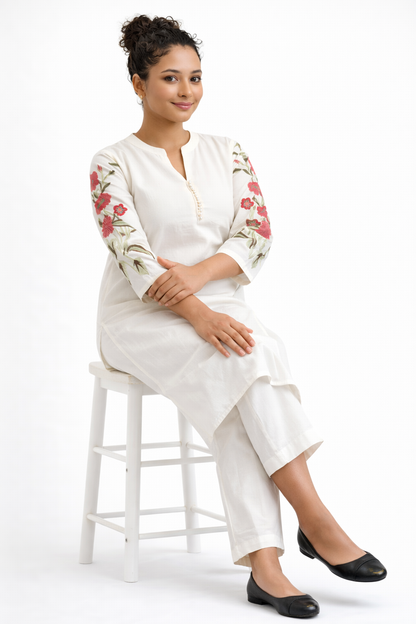 Off-White Khadi Cotton Floral Embroidered Kurta Pant Set