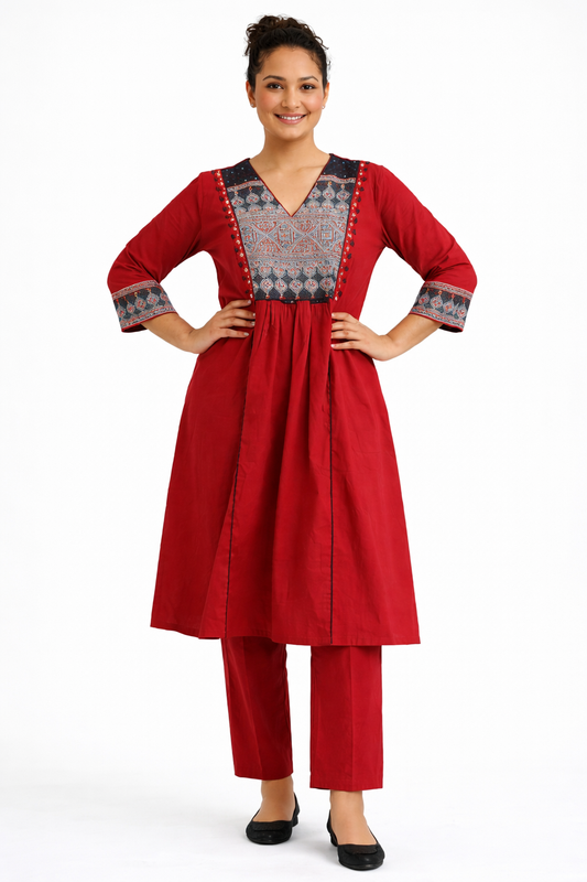 Red Jaipur Gamuti Cotton Embroidered Kurta Pant Set
