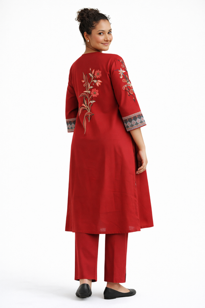 Red Jaipur Gamuti Cotton Embroidered Kurta Pant Set