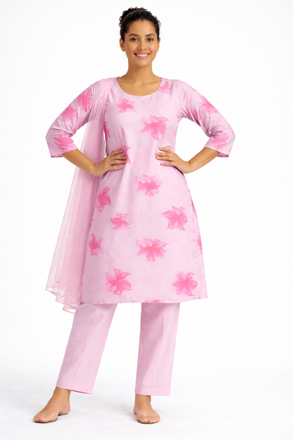 Pink Vichitra Floral Printed Kurta Pant Set with Dupatta