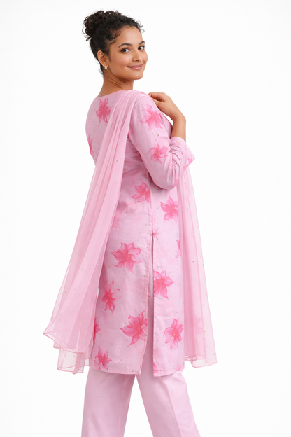Pink Vichitra Floral Printed Kurta Pant Set with Dupatta