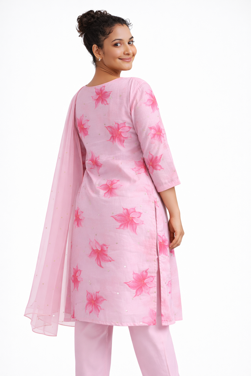Pink Vichitra Floral Printed Kurta Pant Set with Dupatta