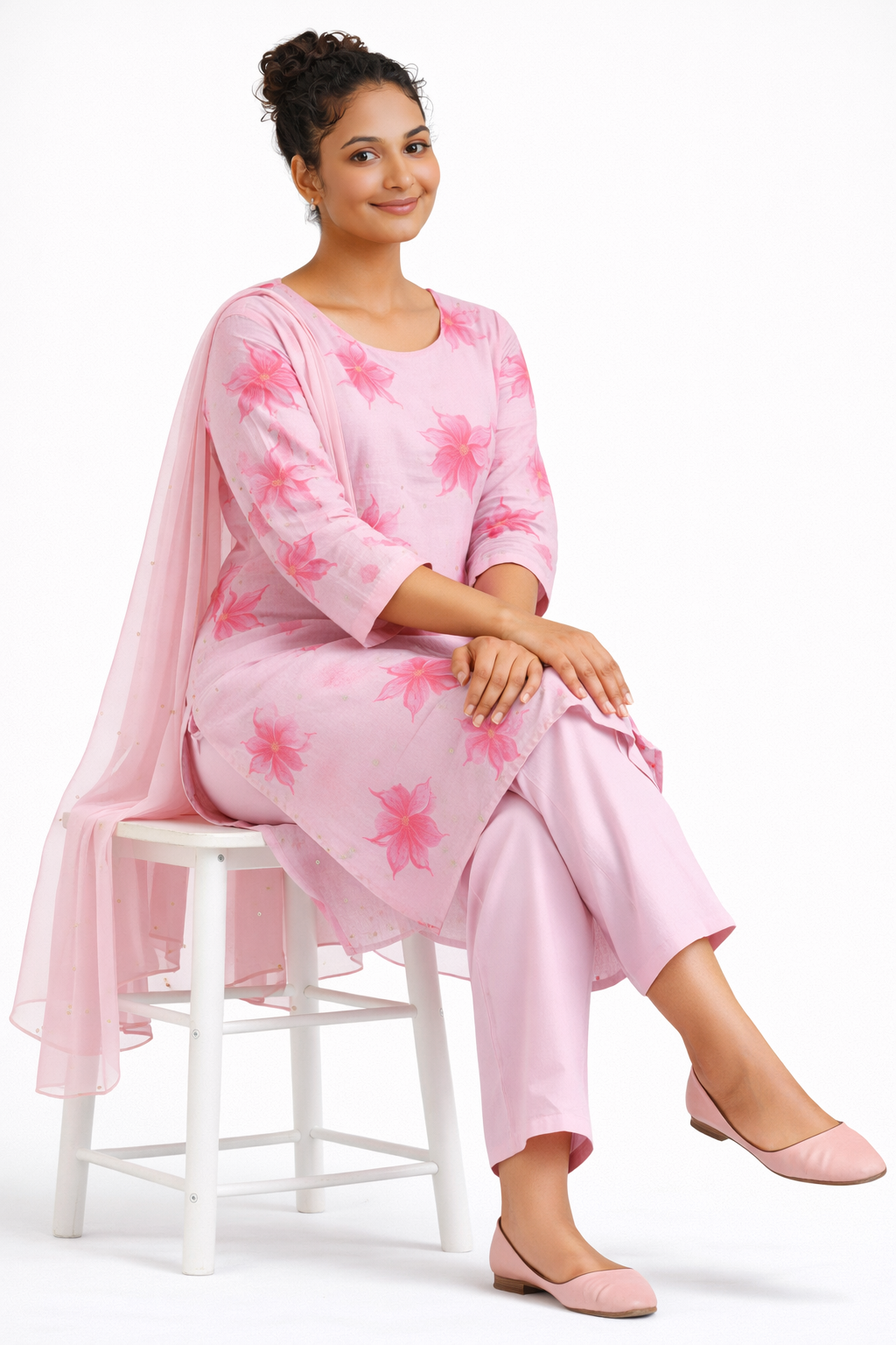 Pink Vichitra Floral Printed Kurta Pant Set with Dupatta