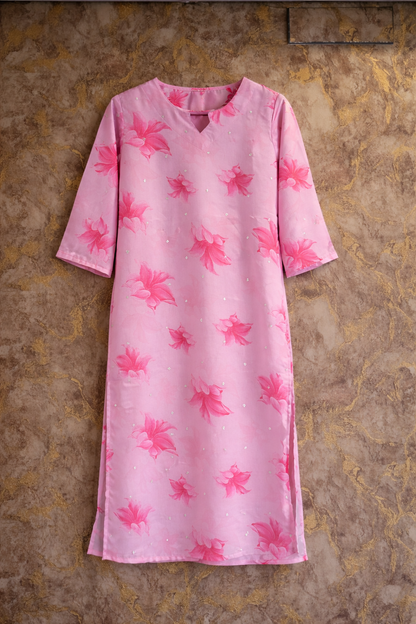 Pink Vichitra Floral Printed Kurta Pant Set with Dupatta