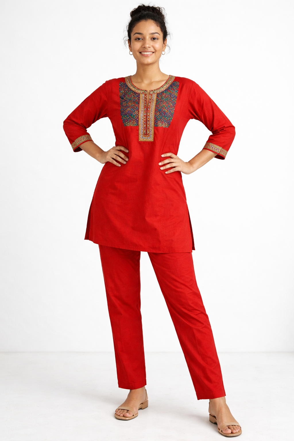 Red Gamthi Cotton Kurta Set with Embroidered Yoke and Printed Dupatta