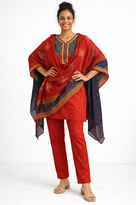 Red Gamthi Cotton Kurta Set with Embroidered Yoke and Printed Dupatta