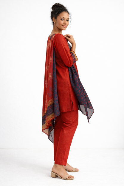 Red Gamthi Cotton Kurta Set with Embroidered Yoke and Printed Dupatta