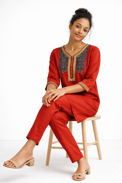 Red Gamthi Cotton Kurta Set with Embroidered Yoke and Printed Dupatta