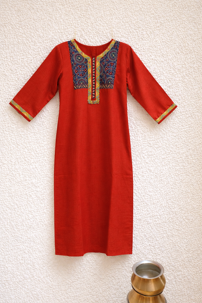 Red Gamthi Cotton Kurta Set with Embroidered Yoke and Printed Dupatta