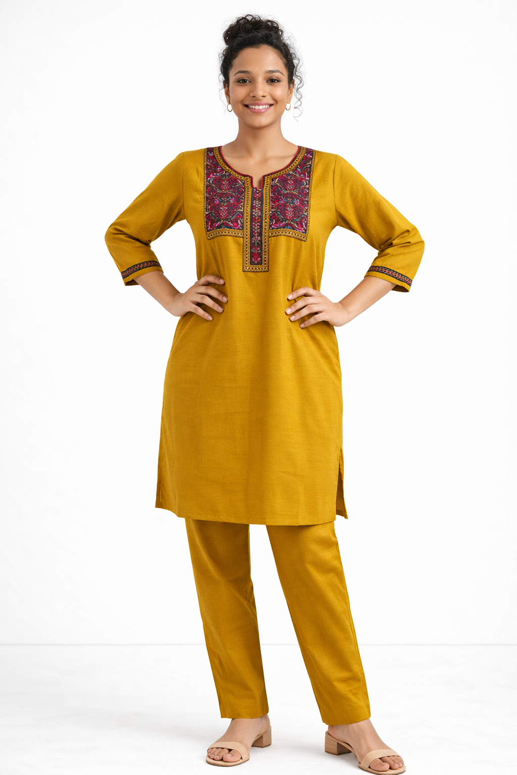 Yellow Gamthi Cotton Kurta Set with Embroidered Yoke and Printed Dupatta