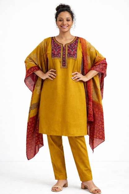Yellow Gamthi Cotton Kurta Set with Embroidered Yoke and Printed Dupatta