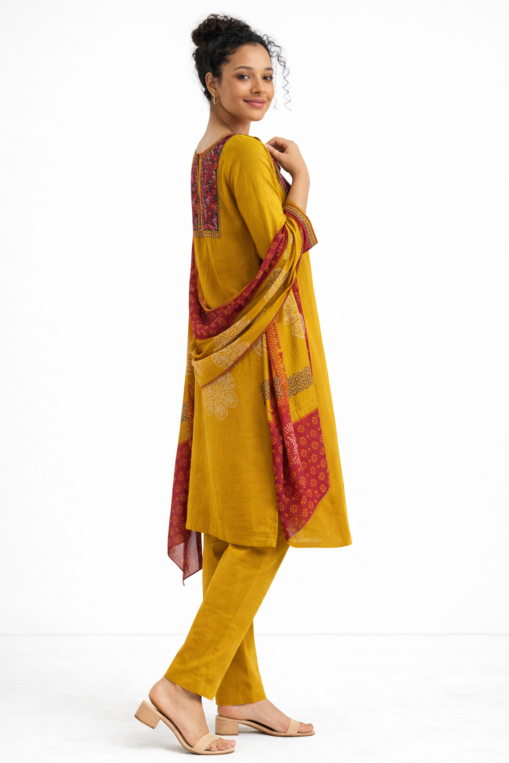 Yellow Gamthi Cotton Kurta Set with Embroidered Yoke and Printed Dupatta