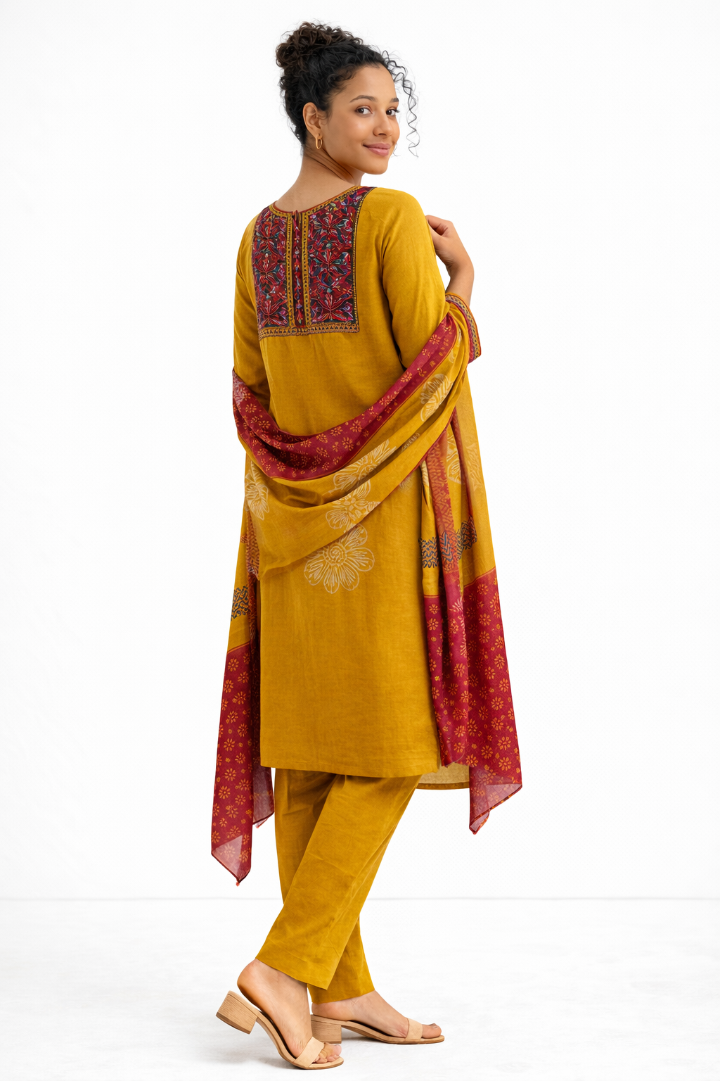 Yellow Gamthi Cotton Kurta Set with Embroidered Yoke and Printed Dupatta