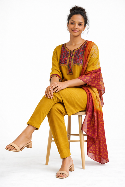 Yellow Gamthi Cotton Kurta Set with Embroidered Yoke and Printed Dupatta