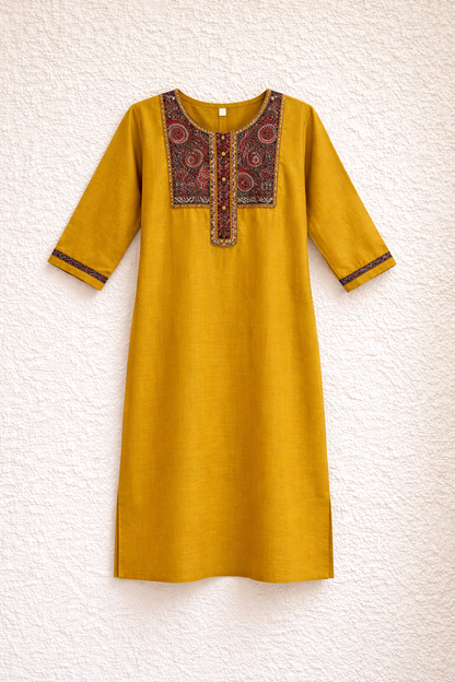 Yellow Gamthi Cotton Kurta Set with Embroidered Yoke and Printed Dupatta