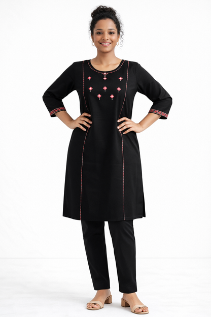 Black Gamthi Cotton Kurta Set with Embroidered Details and Printed Dupatta