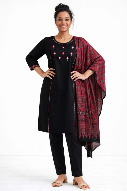 Black Gamthi Cotton Kurta Set with Embroidered Details and Printed Dupatta