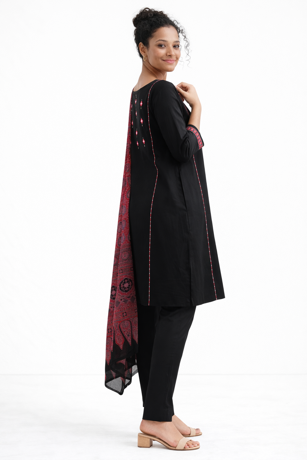 Black Gamthi Cotton Kurta Set with Embroidered Details and Printed Dupatta