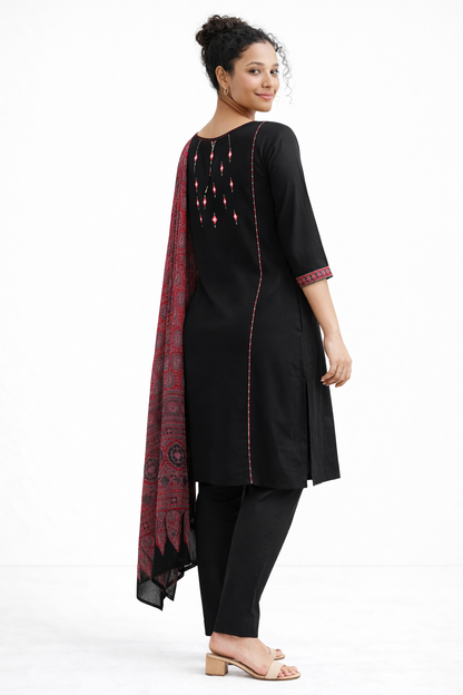 Black Gamthi Cotton Kurta Set with Embroidered Details and Printed Dupatta