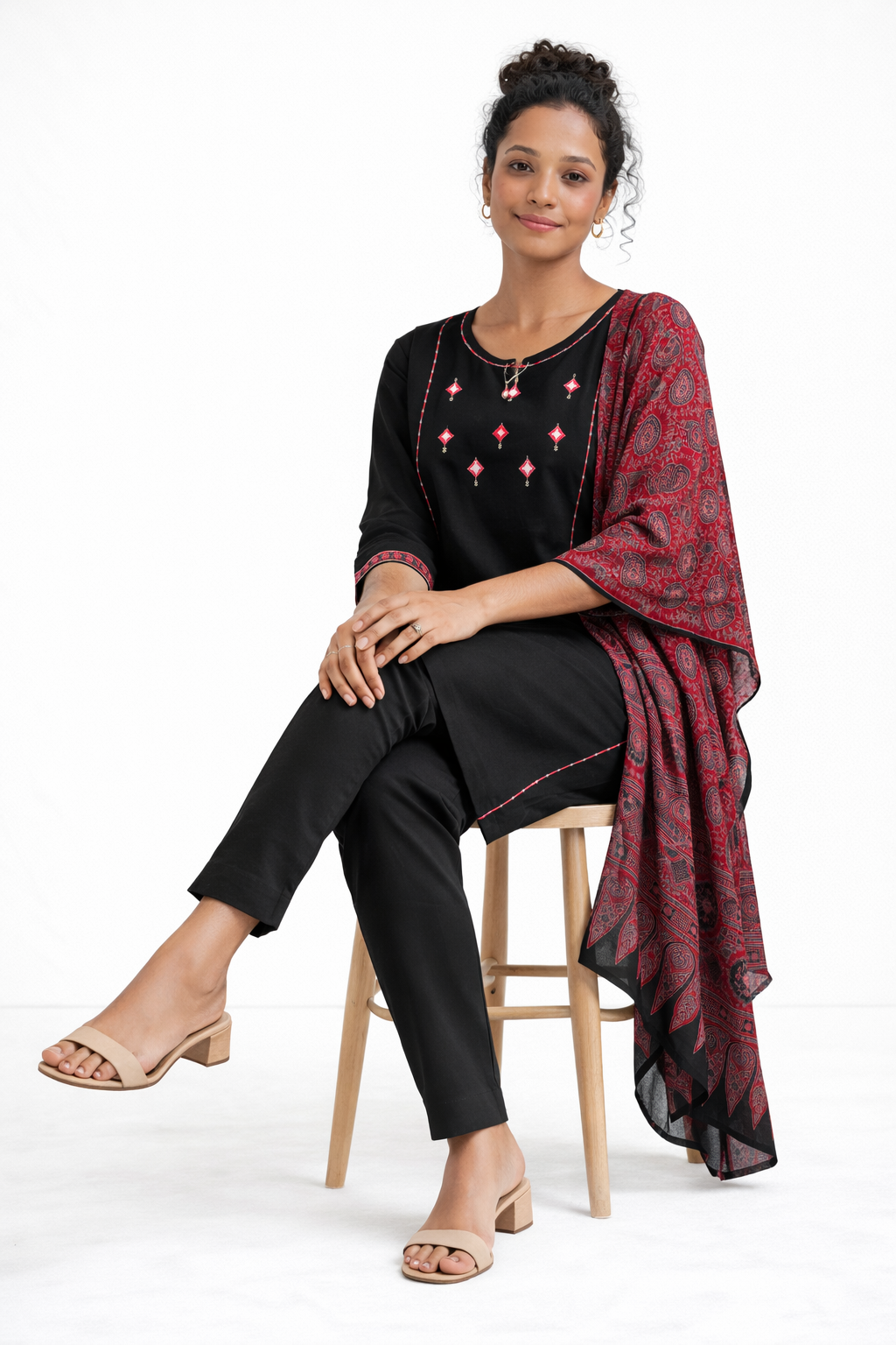 Black Gamthi Cotton Kurta Set with Embroidered Details and Printed Dupatta