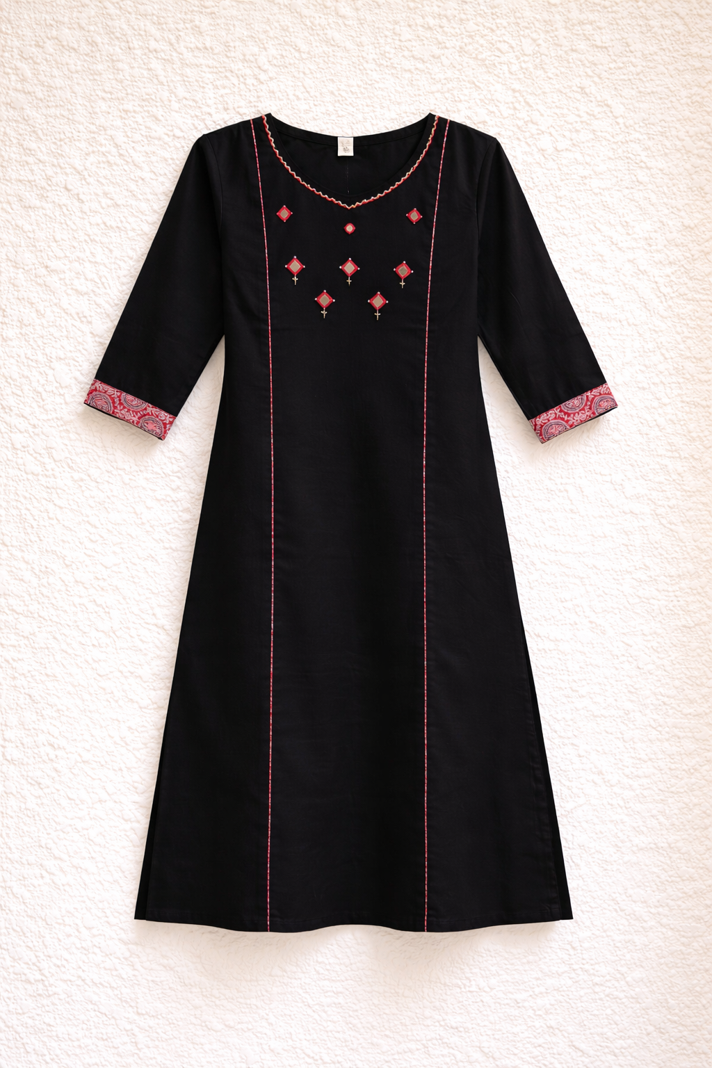 Black Gamthi Cotton Kurta Set with Embroidered Details and Printed Dupatta